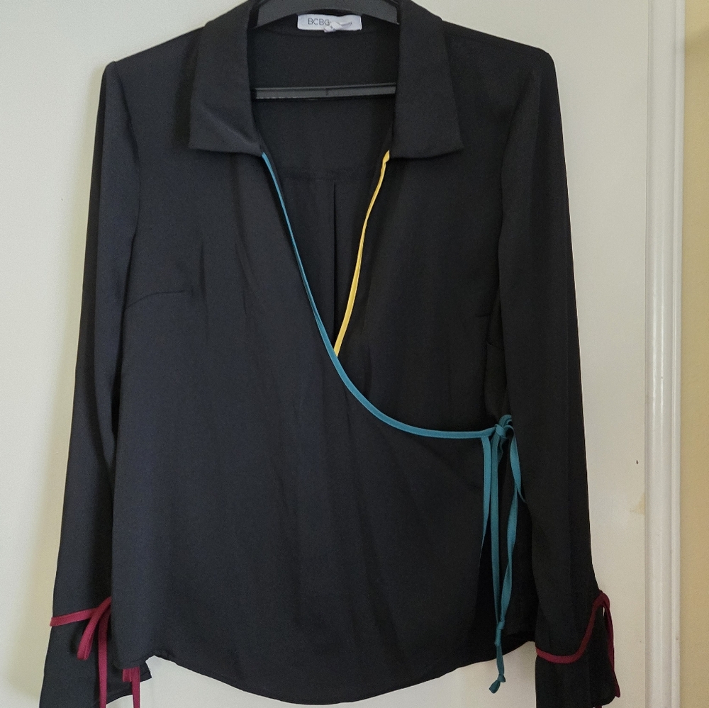 BCBGenerstion Black Wrap Blouse with Colorful Accents